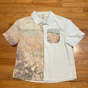Women’s unique, Artistic, Van Gogh Style Print Short Sleeve button down Blouse